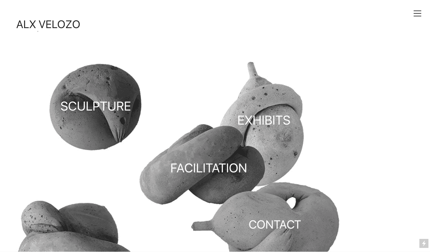 Client's homepage which features examples of their work, cement sculptures, as navigation links.